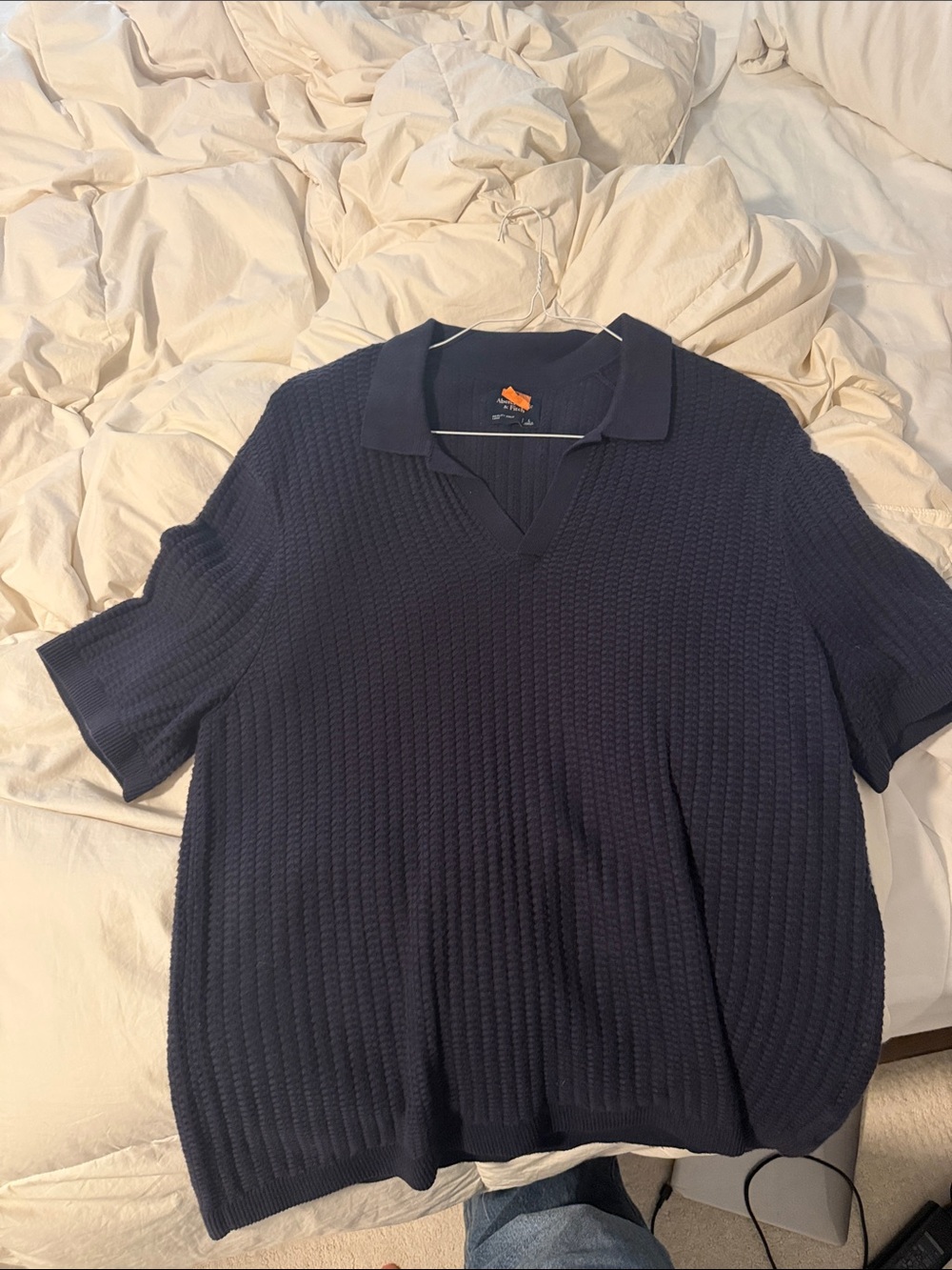 Abercrombie & Fitch Navy Textured V-Neck Short-Sleeve Sweater